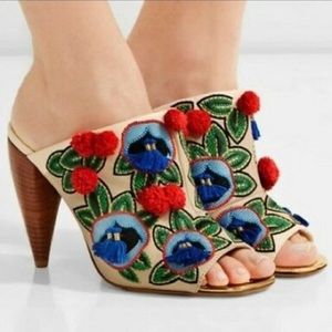 TORY BURCH ELLIE EMBROIDERED LEATHER POM HEELS